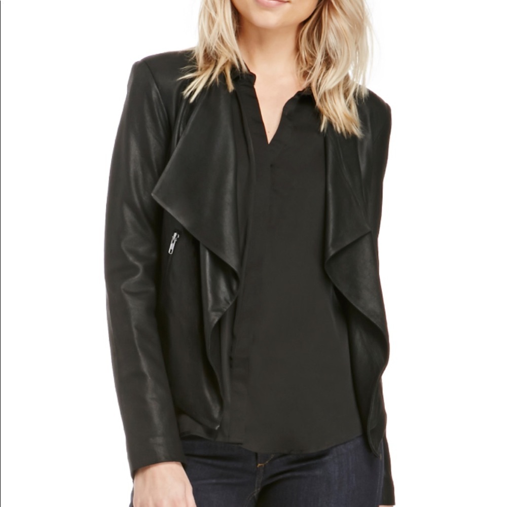 BB Dakota Women Tyne Black Soft‎ Leather waterfall Open front crop jacket S